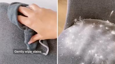 Mom cleans stains from fabric dining room chairs on TikTok