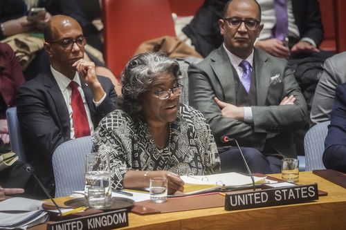 US United Nations Ambassador Linda Thomas-Greenfield, center, addresses a meeting of the United Nations Security Council on the war in Gaza, on March 11, 2024, at UN headquarters.  