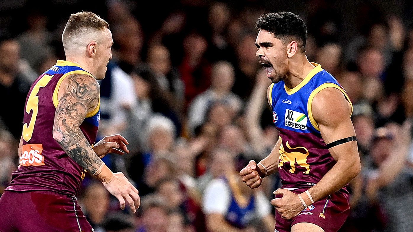 Charlie Cameron of the Lions celebrates after kicking a goal during the round 14 AFL match between the Brisbane Lions and the Geelong Cats at The Gabba on June 24, 2021 in Brisbane, Australia. (Photo by Bradley Kanaris/Getty Images)