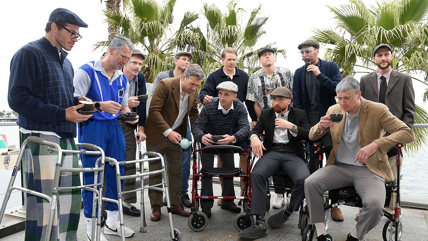 Geelong stars dress as pensioners for post-premiership Mad Monday celebrations
