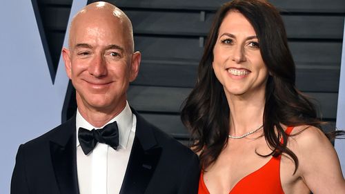 Happier times: Jeff Bezos and wife MacKenzie Bezos arrive at a Vanity Fair Oscar Party in Beverly Hills.