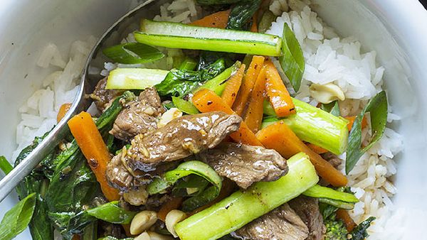 Sweet soy beef stir-fry with gai lan and rice