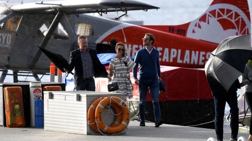 Pippa Middleton and husband James Matthews arrive at Rose Bay wharf on a Sydney Seaplanes aircraft during her honeymoon to Australia in May. (Image: AAP)