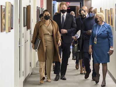 In this photo provided by the United Nations, Meghan Markle, foreground left, and Prince Harry, second from foreground left, visit U.N. headquarters during the the 76th session of the United Nations General Assembly on Saturday, Sept. 25, 2021. (Manuel Elías/U.N. via AP)