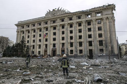 A view of the central square following shelling of the City Hall building in Kharkiv, Ukraine, Tuesday, March 1, 2022. 