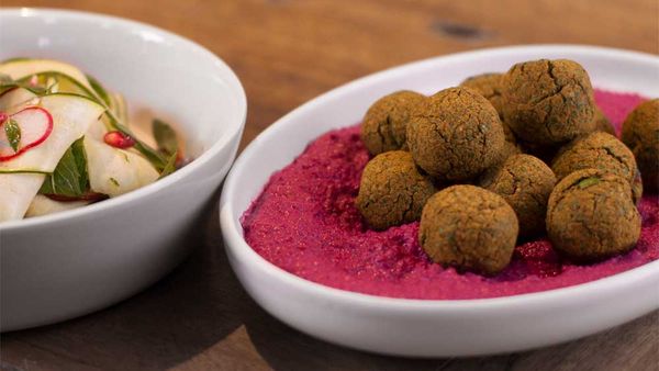 Falafel with beetroot tahini sauce and shaved zucchini salad recipe