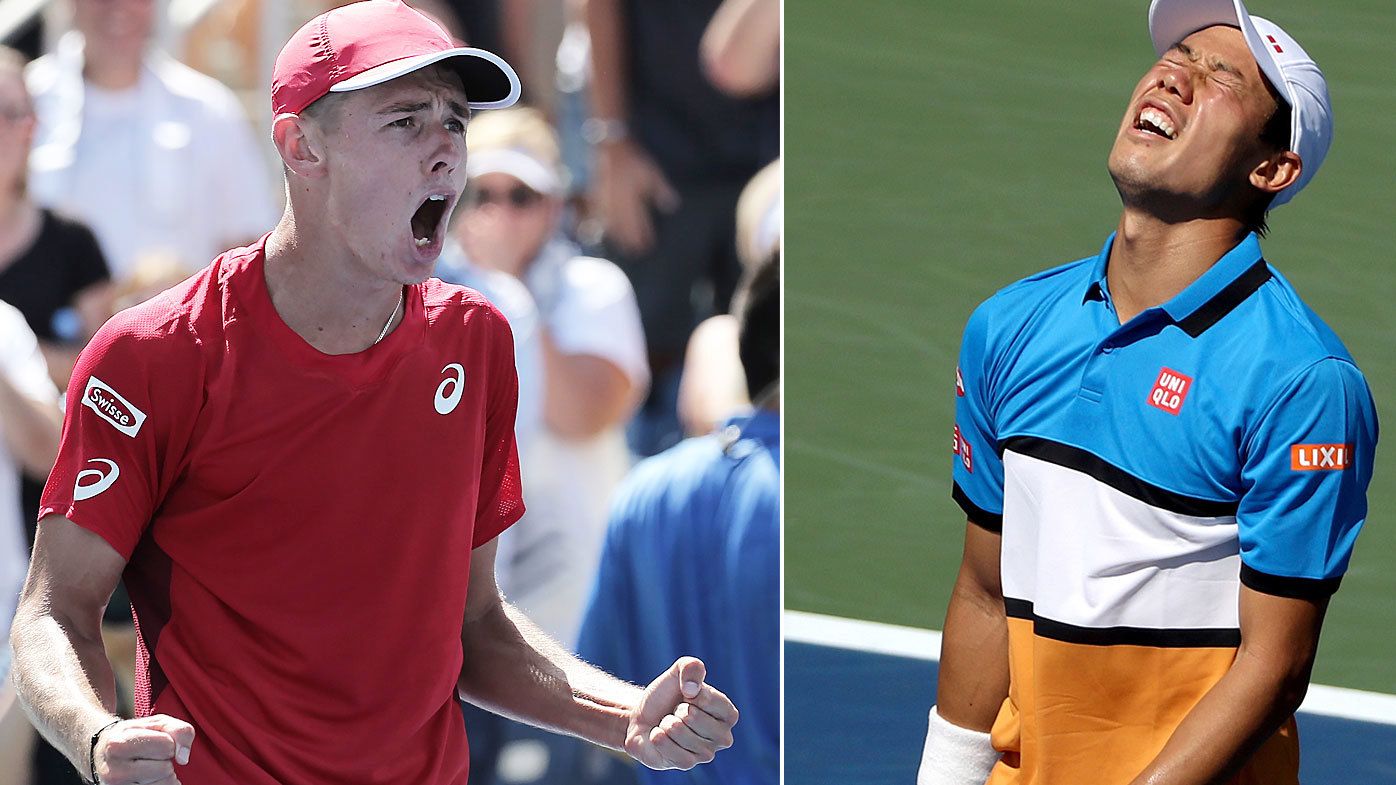 Alex de Minaur reacts to his huge win over Kei Nishikori at the US Open.