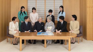 Imperial family members in this photo are, front left, to right, Crown Princess Masako, Crown Prince Naruhito, Emperor Akihito, Empress Michiko, Prince Akishino, and Princess Kiko, and, back from left to right, Princess Mako, Princess Aiko, Prince Hisahito, and Princess Kako