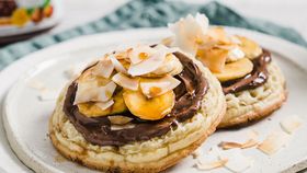 Crumpets with Nutella, caramelised banana and toasted coconut