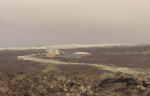 Vehicles are backed up on Waikoloa Road after a mandatory evacuation was ordered as a wildfire approached the Waikoloa Village.
