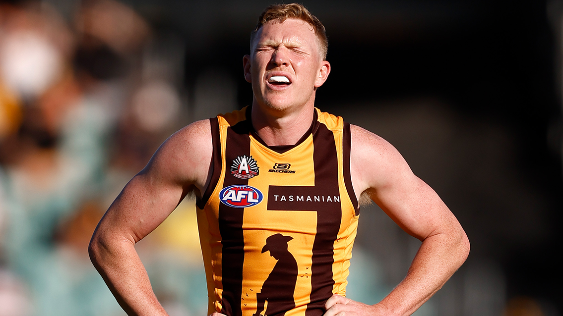 James Sicily grimaces during the 2023 AFL  match between the Hawthorn Hawks and the Adelaide Crows.