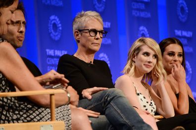 Jamie Lee Curtis, Emma Roberts and Lea Michele at a media junket for Scream Queens in 2016.