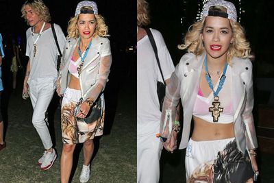 Rita Ora! Since when is an oversized cross and One Direction boxing shorts considered cool? <br/><br/>Not to mention that bejewelled backwards cap you've managed to sneak through the Coachella gates...