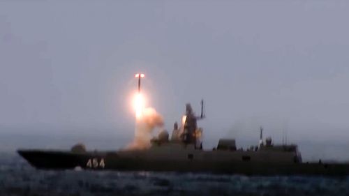 A Russian navy frigate (not the Vasily Bykov) launches a Zircon cruise missile during military drills in February.



