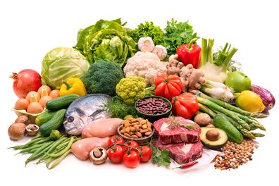 Balanced diet food background. Selection of various paleo diet products for healthy nutrition