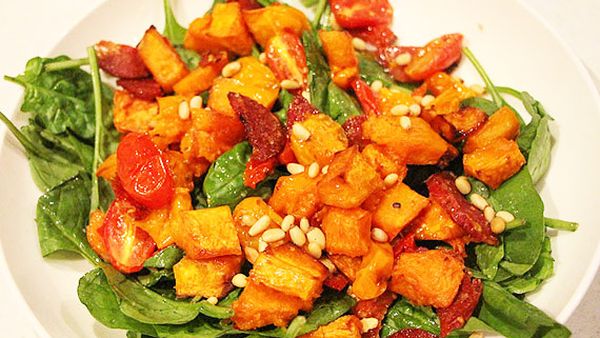 Liliana Battle's roasted pumpkin, tomato, salami and pine nut salad