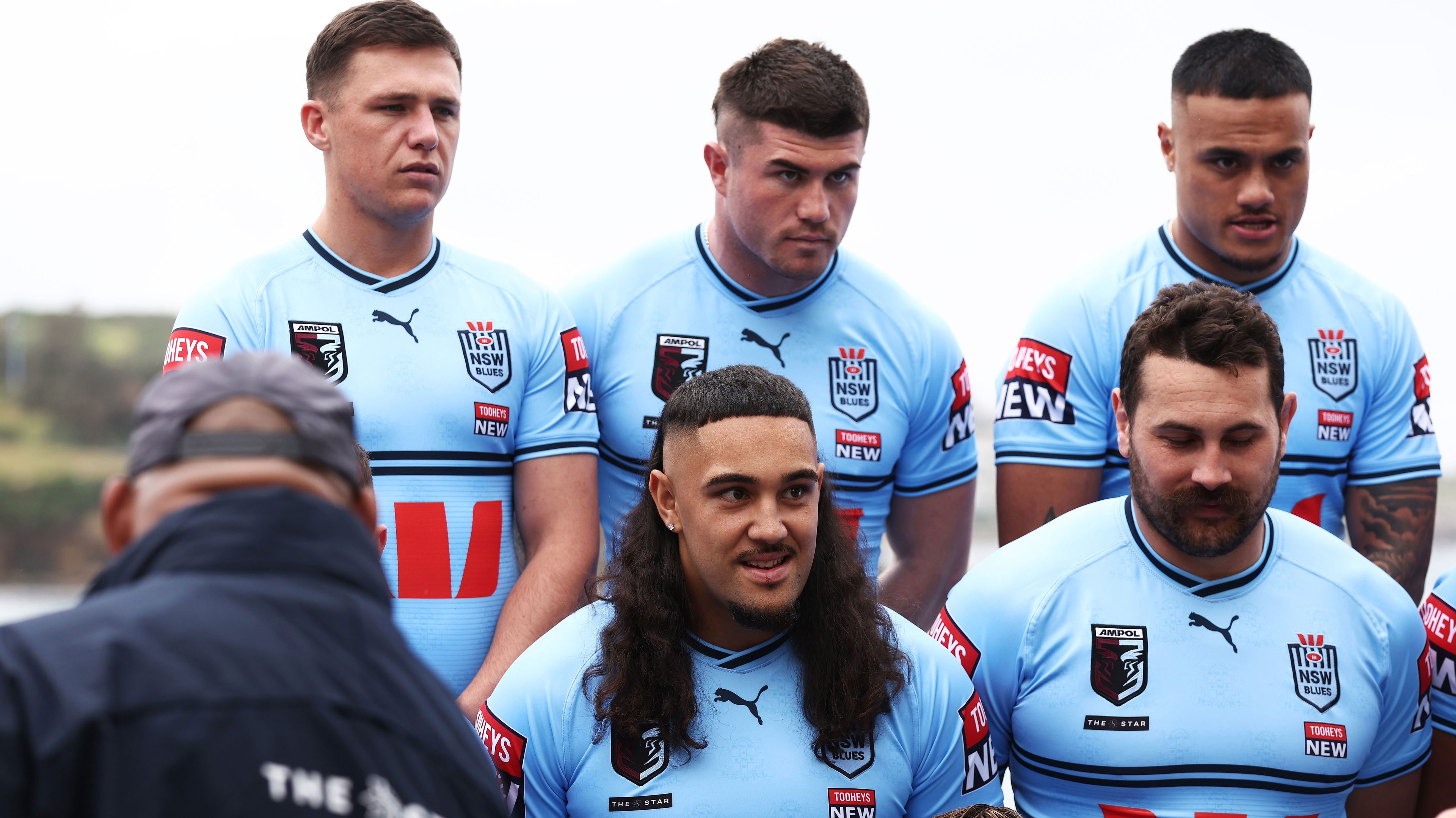 From top left, Scott Drinkwater, Bradman Best, Spencer Leniu, and from bottom left, Keaon Koloamatangiand Reagan Campbell-Gillard pose for the NSW team photo for State of Origin III, 2023.