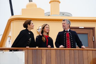 Danish King Frederik X, Danish Queen Mary, left, and Princess Josephine arrive with the Royal Yacht at Bursatangi in Torshavn in the Faroe Islands,  Wednesday, June 11, 2025. (Ida Marie Odgaard/Ritzau Scanpix via AP)