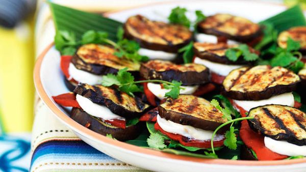 Eggplant 'quesadillas' with spinach, mozzarella and roasted red capsicum