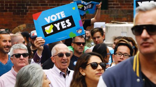 Supporters of marriage equality are seen at the Post Your Yes Vote Street Party at Taylor Square in Darlinghurst, Sydney. (AAP)
