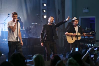 Take That performs during a secret gig for Magic FM at One Marylebone on April 24, 2015 in London, England.