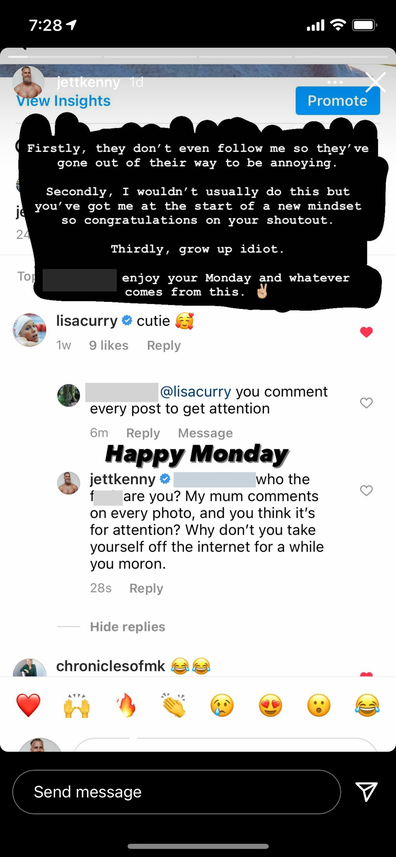 Jett Kenny defends mum Lisa Curry against Instagram user.