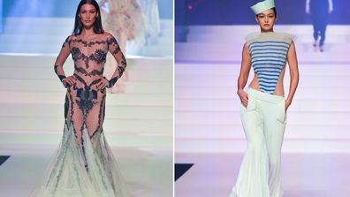 Bella Hadid and Gigi Hadid walk the runway during the Jean-Paul Gaultier Haute Couture Spring/Summer 2020 fashion show as part of Paris Fashion Week at Theatre Du Chatelet on January 22, 2020 in Paris, France.