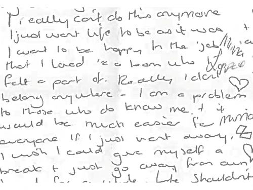 路透社于 2023 年 7 月 25 日获得的一张未注明日期的柴郡警方照片显示了新生儿护士露西·莱比 (Lucy Letby) 的手写便条，她因谋杀七名婴儿而在英国曼彻斯特曼彻斯特刑事法院受审。  