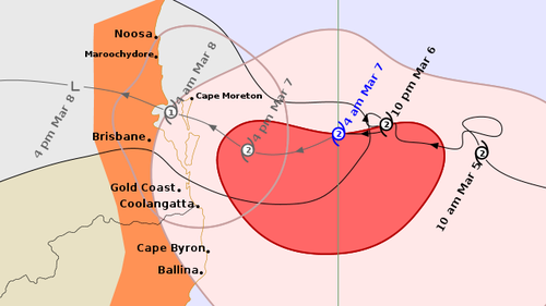 Cyclone Alfred forecast track map issued about 4am AEST on Friday, March 7, 2025.