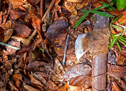 This 2017 photo released by the National Indian Foundation (FUNAI) shows an axe on the ground in Vale do Javari, Amazonas state, Brazil. An agency official told The Associated Press that they had monitored this tribe in the jungle for years but had never caught it on camera. 