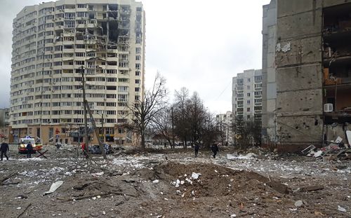A view damaged city centre after Russian air raid in Chernigiv, Ukraine, Thursday, March 3, 2022. 