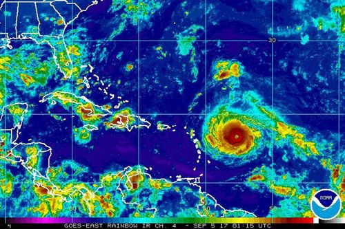 satellite image provided by the National Oceanic and Atmospheric Administration shows Hurricane Irma nearing the eastern Caribbean. (NOAA)