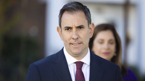 Treasurer Dr Jim Chalmers and Minister for Aged Care and Minister for Sport Anika Wells address the media at a doorstop interview during a visit to Goodwin Village Farrer, in Canberra on Thursday 4 May 2023. fedpol Photo: Alex Ellinghausen