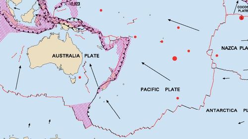 Pacific Plate boundaries and their relative motion.