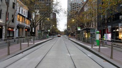 A near deserted street in the Melbourne central business district.