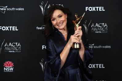 Essie Davis poses with the AACTA Award for Best Supporting Actress in Film at the 2021 AACTA Awards