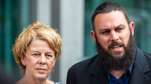 Barbara Spriggs and son Clive Spriggs speak to media after giving evidence at the aged care royal commission.