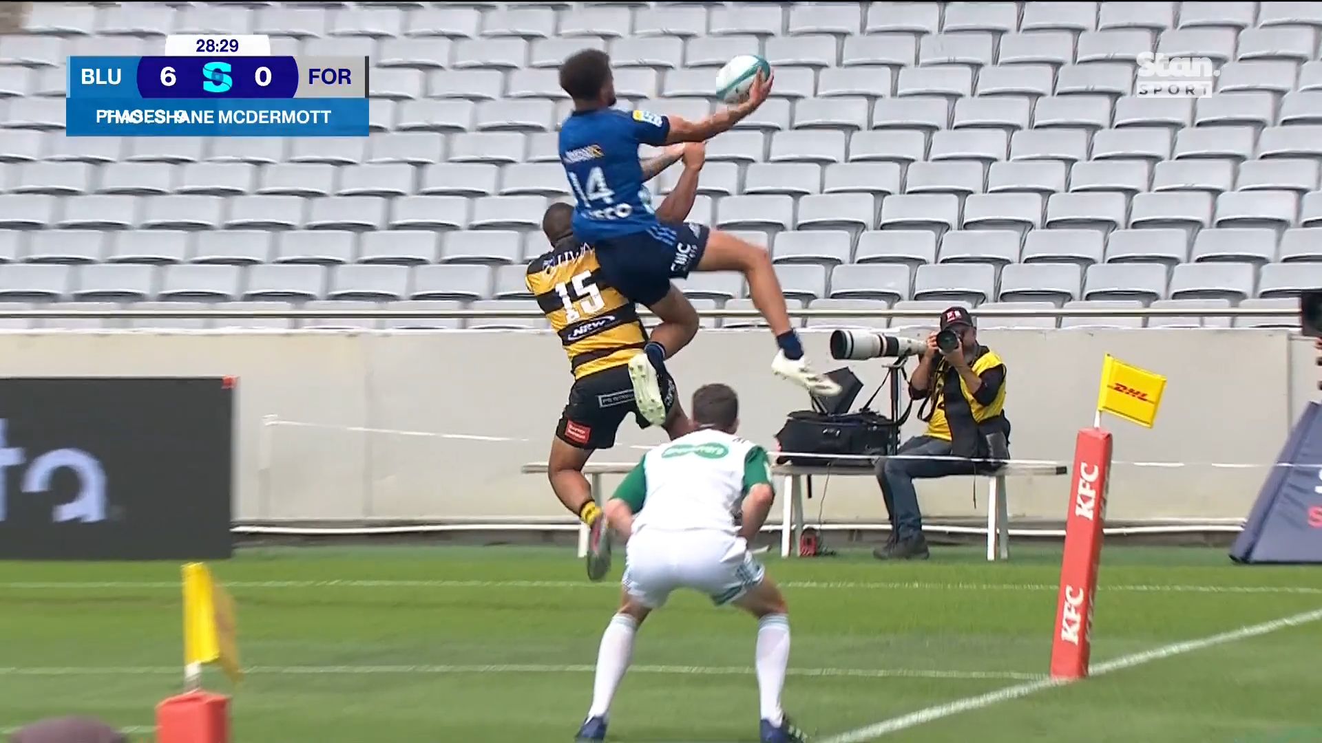 'That is going viral': Blues star stuns commentators with 'freakish' aerial try