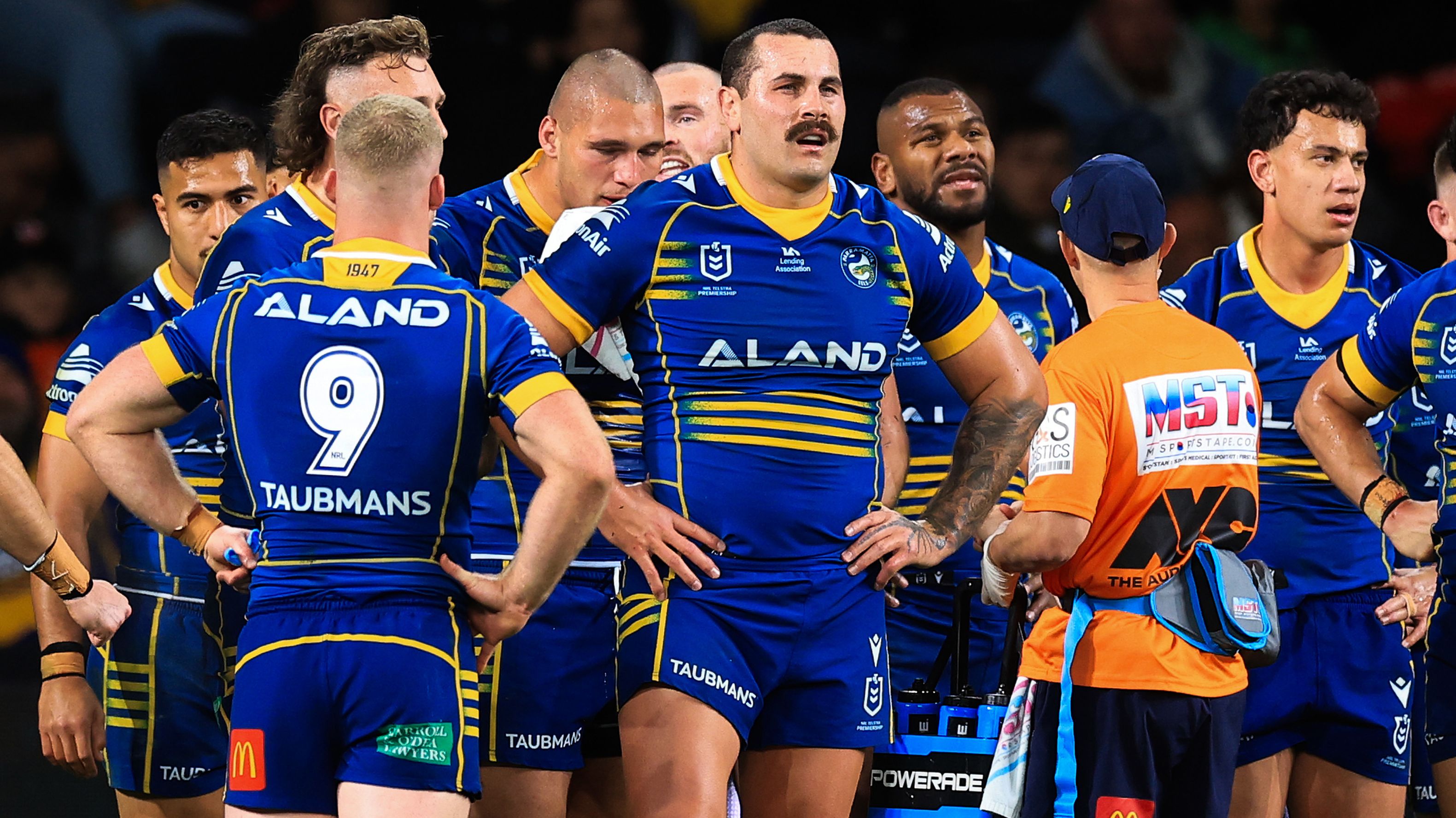 Eels players look on after a Roosters try during the round 25 NRL match between Parramatta Eels and Sydney Roosters at CommBank Stadium on August 18, 2023 in Sydney, Australia. (Photo by Mark Evans/Getty Images)