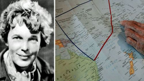 Amelia Earhart and the vast swathe of the Pacific Ocean where she and her navigator went missing.