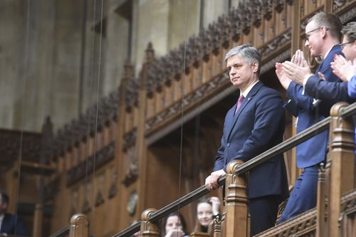 Ukraine's ambassador to the United Kingdom Vadym Prystaiko stands in the public gallery during applause from British lawmakers in the House of Commons, London, Wednesday March 2, 2022