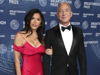 Lauren Sanchez, left, and Jeff Bezos arrive at the 11th Breakthrough Prize Ceremony on Saturday, April 5, 2025, in Los Angeles. (Photo by Jordan Strauss/Invision/AP)