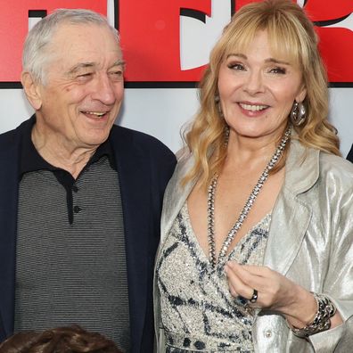 (L-R) Salvo Maniscalco, Robert De Niro and Kim Cattrall attend the "About My Father" premiere at SVA Theater on May 09, 2023 in New York City