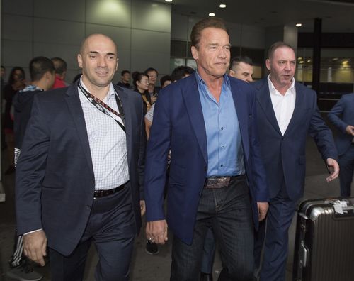 Arnold Schwarzenegger and his entourage have arrived in Melbourne for the start of the Arnold Sports Festival. (AAP)