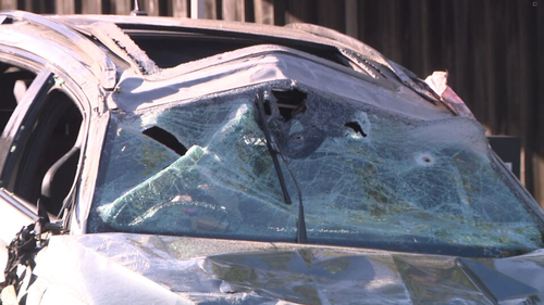 The stolen Skoda rolled several times after hitting a Toyota it was pursuing on Derrimut Road.