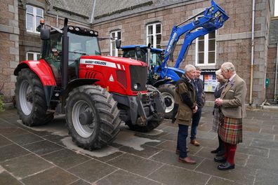 King Charles III and the Camilla, Queen Consort  meet farmers and their tractors as they attend a reception to thank the community of Aberdeenshire for their organisation and support following the death of Queen Elizabeth II at Station Square, the Victoria & Albert Halls, on 11th October, 2022 in Ballater, Scotland 
