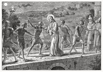 Jesus' capture (Mark 14, 48). Wood engraving from the book "Christkatholisches Hausbrot für Jedermann (Christian Catholic house bread for everyone)" by P. Franz Ser. Hattler, 2nd edition, published by Fel. Rauch (Karl Pustet) in 1894.