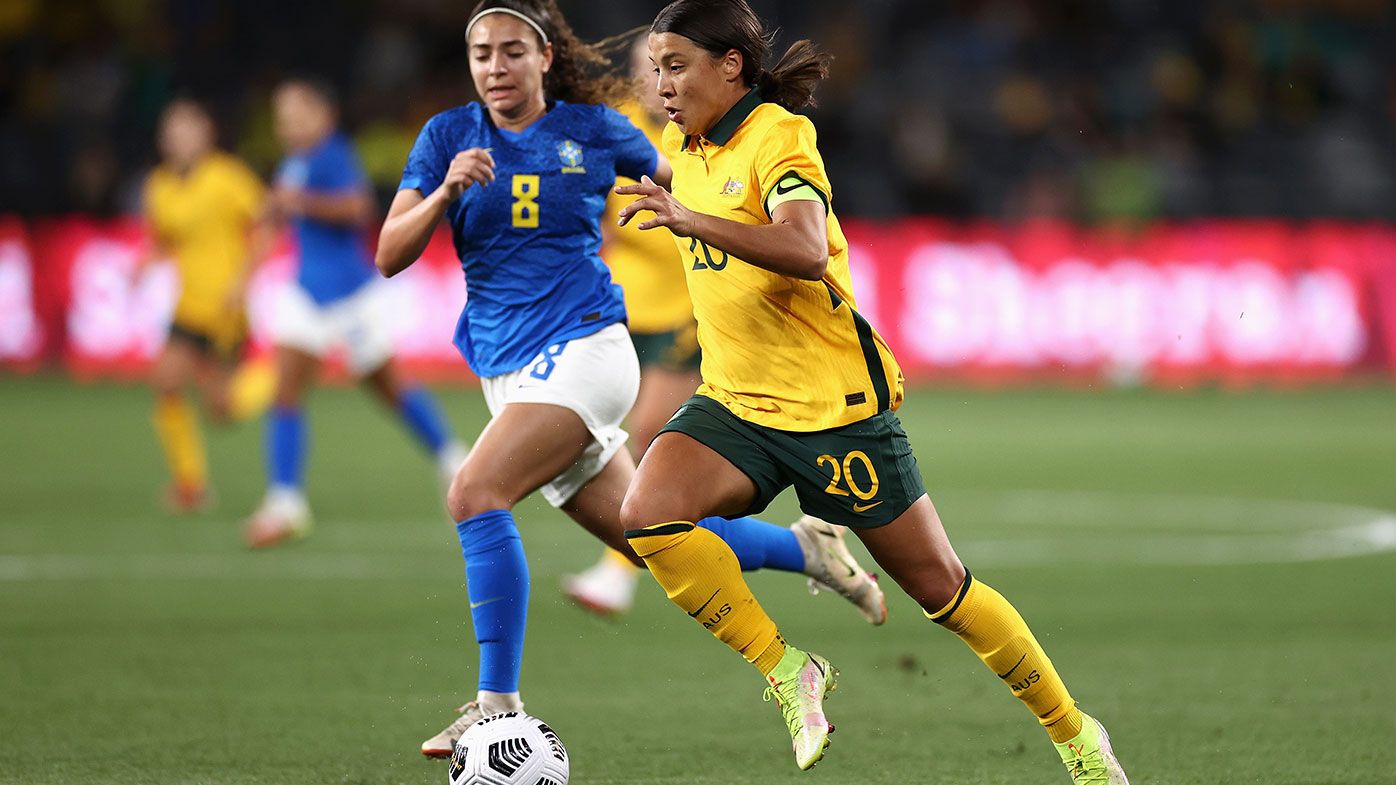 Sam Kerr of the Matildas dribbles the ball during the Women&#x27;s International Friendly match between the Australia Matildas and Brazil 