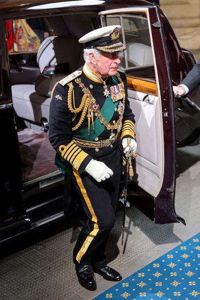 Prince Charles, Prince of Wales arrives at the Sovereign's Entrance ahead of the State Opening of Parliament at Houses of Parliament on May 10, 2022 in London, England. 