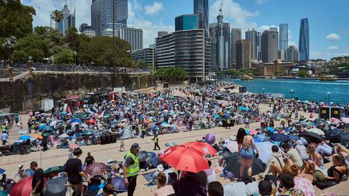 Crowd gathering at Opera House forecourt, ahead of New YearÕs Eve celebrations in Sydney on DEC 31, 2024. Photo: Flavio Brancaleone / The Sydney Morning Herald